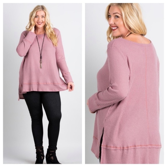 Plus Sz Mauve Waffle Knit Brushed High-lo Top - Picture 1 of 5